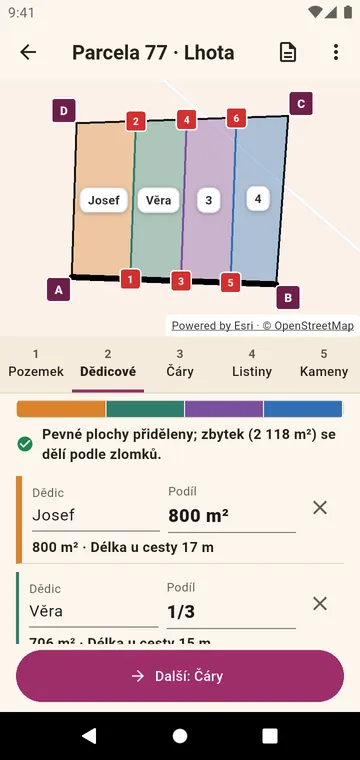 Dědicové a jejich podíly, ve zlomcích nebo ve výměře