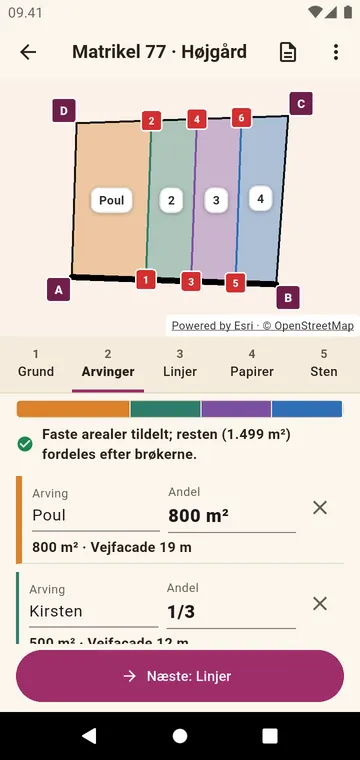 Arvingerne og deres andele, i brøker eller i areal