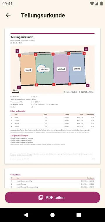 Die Teilungsurkunde als PDF, mit farbigem Plan