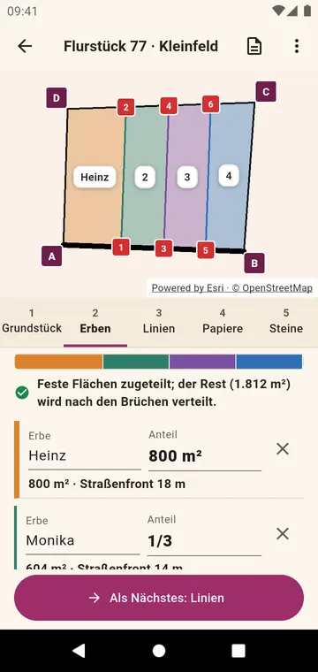 Die Erben und ihre Anteile, als Bruch oder als Fläche