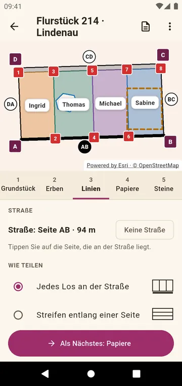 Das Grundstück so geteilt, dass jedes Los an der Straße liegt