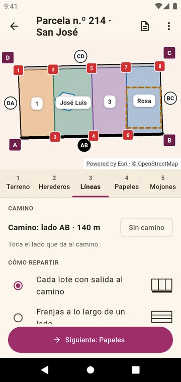 La parcela cortada para que cada lote tenga salida al camino