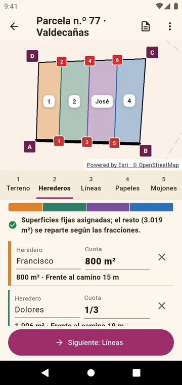 Los herederos y sus cuotas, en fracciones o en superficie