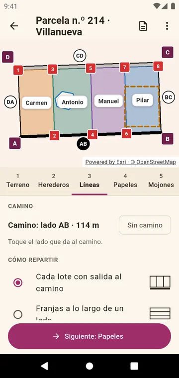 La parcela cortada para que cada lote tenga salida al camino