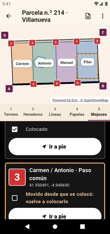 Los mojones, para ir a pie hasta ellos y marcarlos una vez colocados