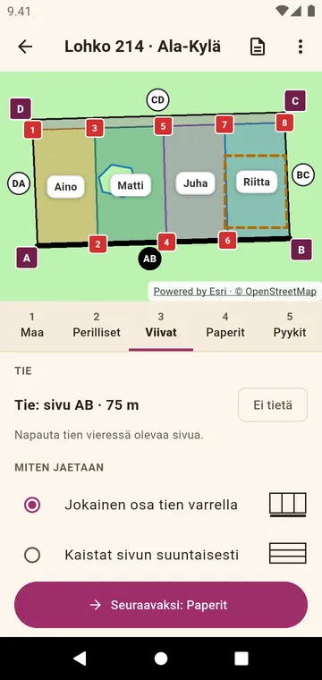 Palsta jaettuna niin, että jokainen osa ulottuu tielle