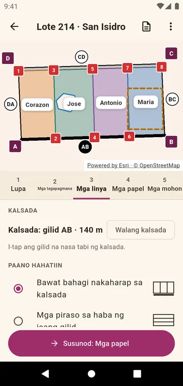 Hinati ang lote para nakaharap sa kalsada ang bawat bahagi