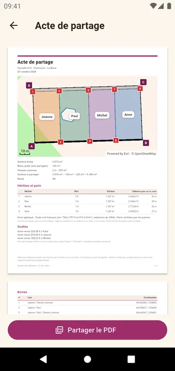 L'acte de partage en PDF, avec le plan en couleurs
