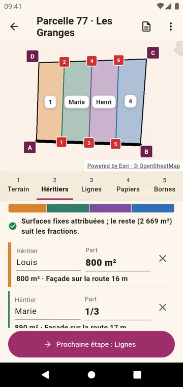 Les héritiers et leurs parts, en fractions ou en surface