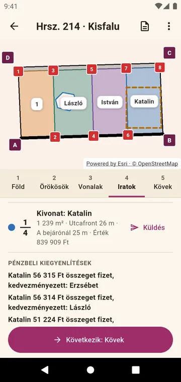 Az iratok: egy örökös kivonata és a pénzbeli kiegyenlítések