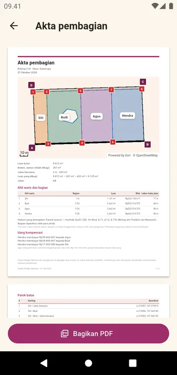 Akta pembagian dalam PDF, dengan denah berwarna
