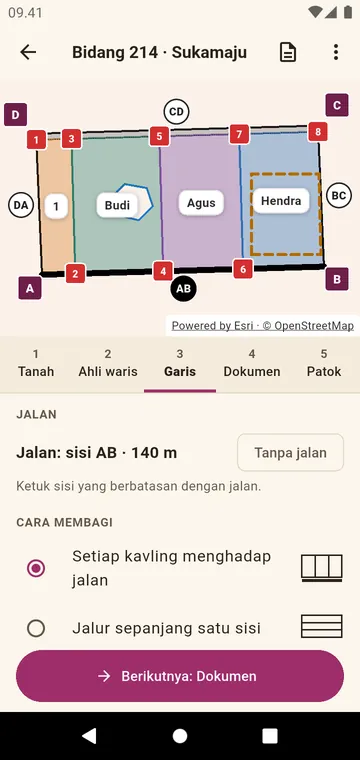 Bidang dipotong agar setiap kavling menghadap jalan