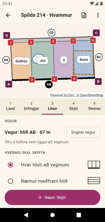 Spildunni skipt þannig að hver landhluti nær að veginum