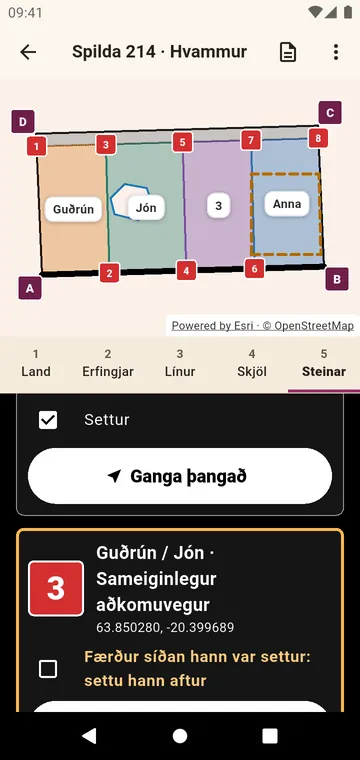 Landamerkjasteinarnir, til að ganga að og merkja við þegar þeir eru settir