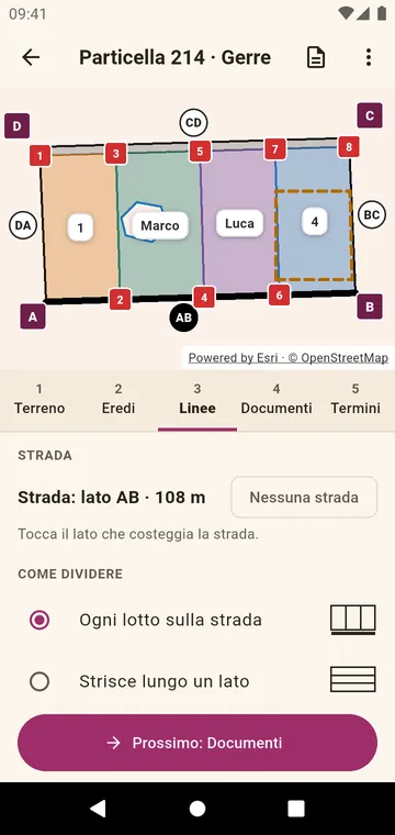 Il terreno diviso in modo che ogni lotto arrivi alla strada