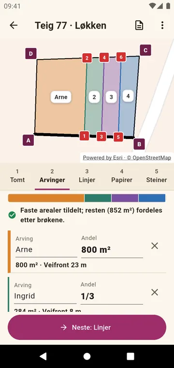 Arvingene og andelene deres, i brøker eller i areal