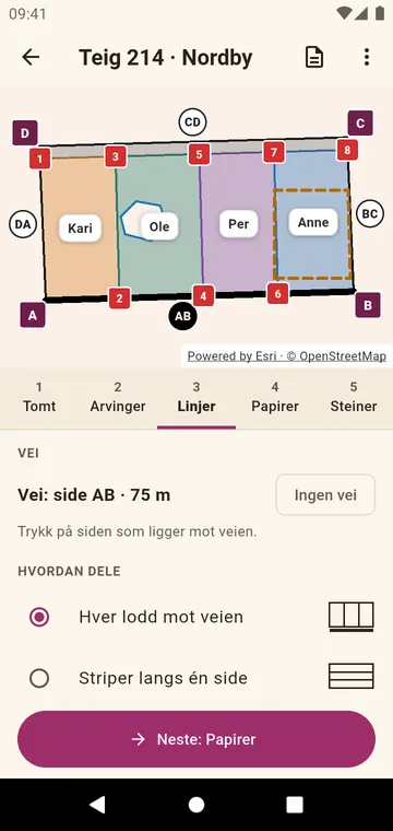 Tomten delt slik at hver lodd når veien