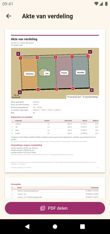 De akte van verdeling als PDF, met de kaart in kleur