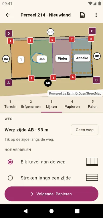 Het perceel zo gesneden dat elk kavel aan de weg ligt