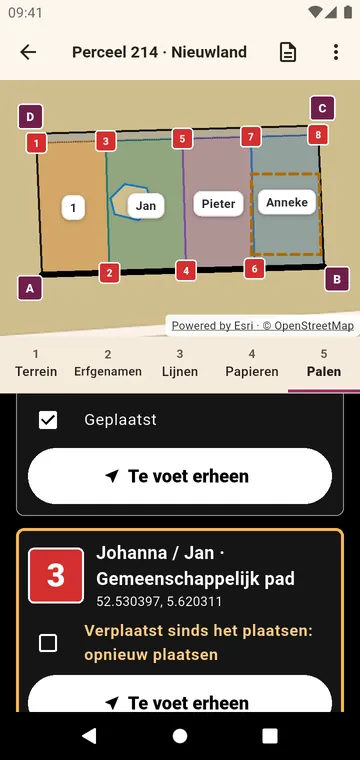 De grenspalen, om er te voet heen te gaan en af te vinken zodra ze staan