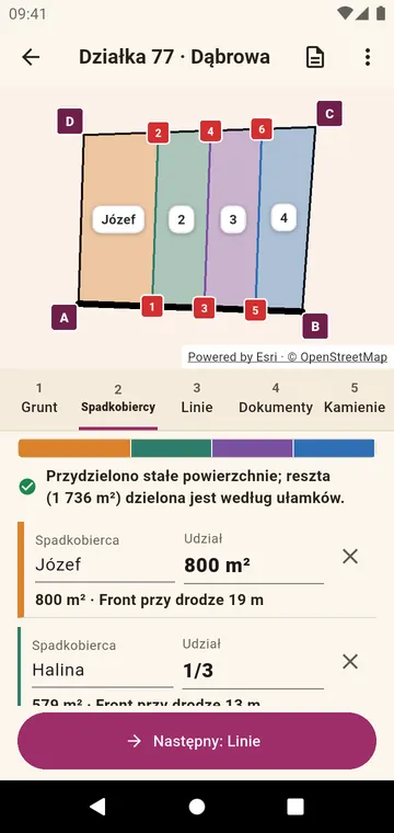Spadkobiercy i ich udziały, w ułamkach lub w powierzchni