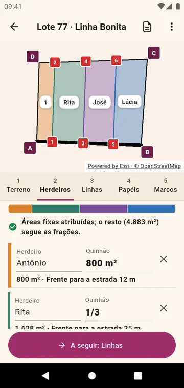 Os herdeiros e seus quinhões, em frações ou em área