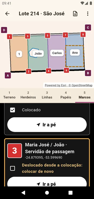 Os marcos, para ir até eles a pé e marcar quando colocados