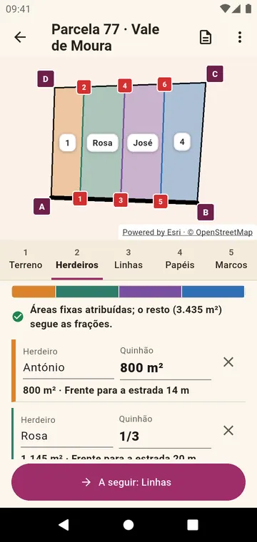 Os herdeiros e os seus quinhões, em frações ou em área