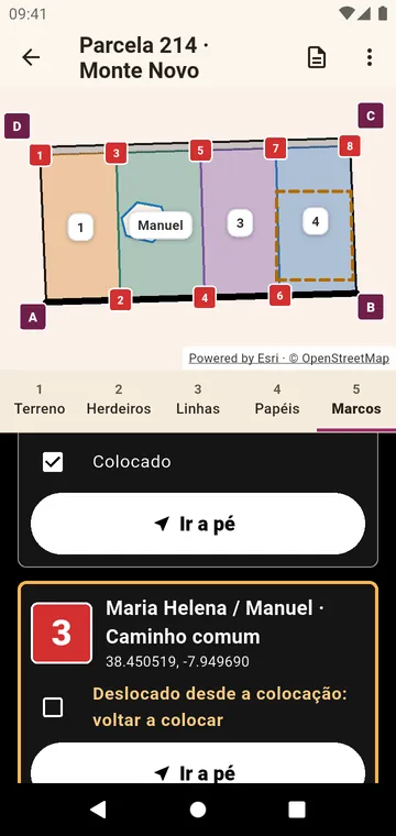 Os marcos, para ir até eles a pé e assinalá-los quando colocados