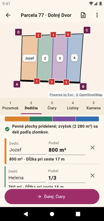 Dedičia a ich podiely, v zlomkoch alebo vo výmere