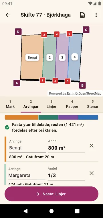 Arvingarna och deras andelar, i bråk eller som yta