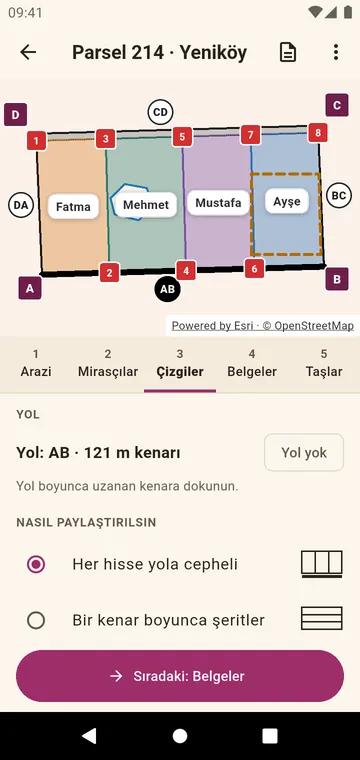 Her hisse yola ulaşacak şekilde bölünmüş parsel