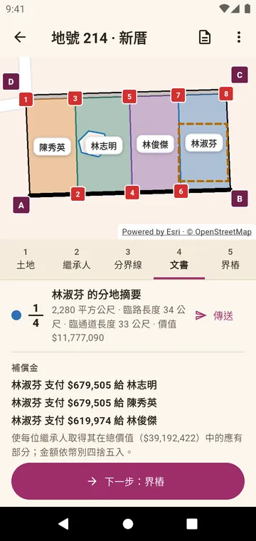 文書：一位繼承人的分地摘要和補償金